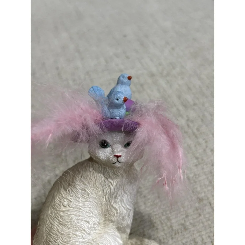 Vintage Decorative Cat Figurines Pair with Floral & Bird Hats